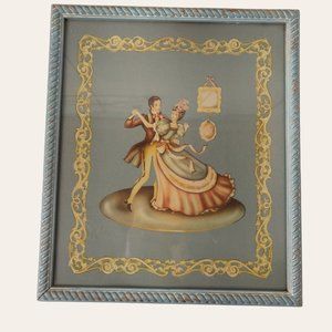 Vintage 1940s Jane Austen Ballroom Couple Lithograph Pastel Blue Airbrush Gold L